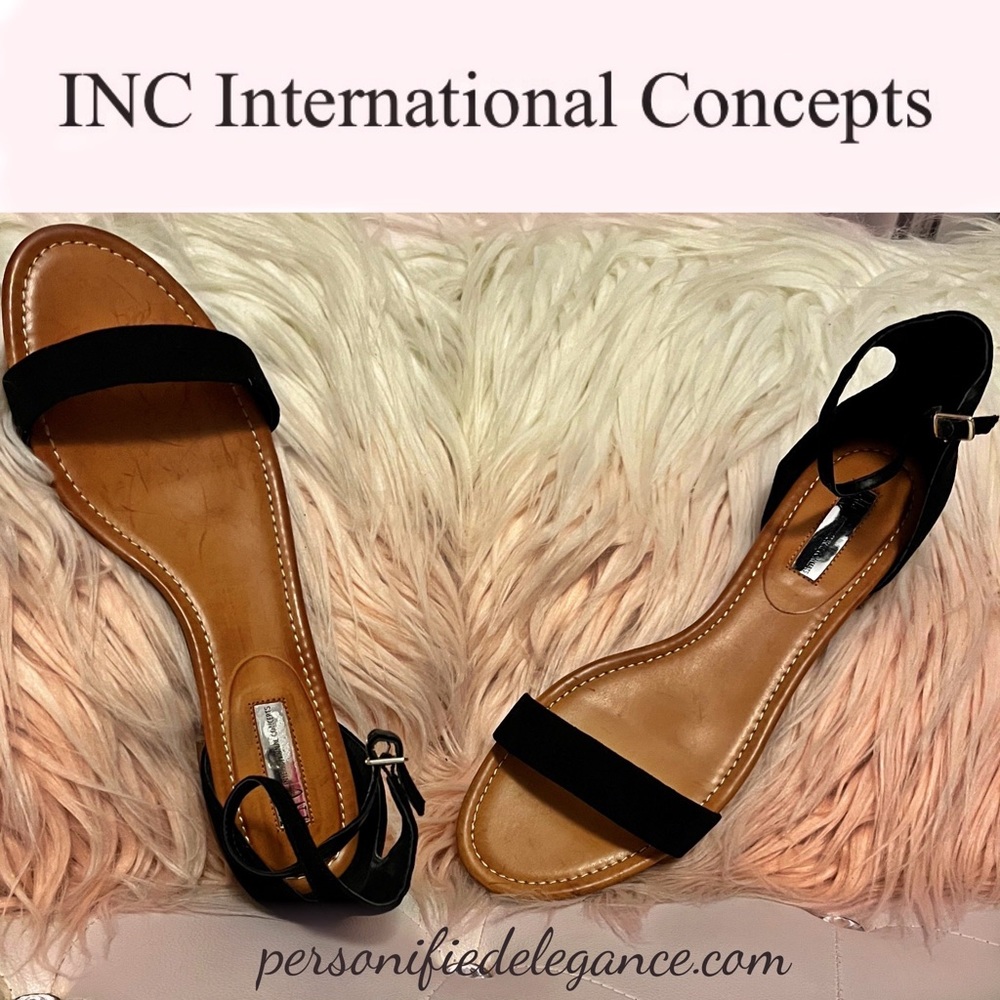 INC Yaffa Black Faux Suede Ankle Strap Flat Sandals Size 11M